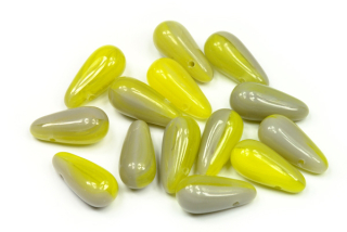 Mačkané korálky slzičky, hrušky 6x13 mm, příčná dírka, 20 ks - šedo-žlutě žíhané