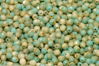 Broušené korálky ohňovky 4 mm, 40 ks/16 cm - sytá žíhaná modrozelená-béžová