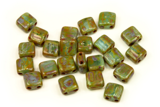 Silky beads ploškované 6x6 mm, 30 ks - žíhaná světle modrá s travertinem