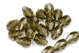 Broušené korálky hrušky 10x7 mm, 10 ks - transparentní kouřová šedá (black diamond)