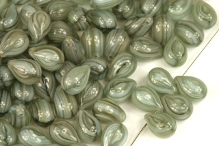 Mačkané korálky slzičky, hrušky, 6x9 mm, příčná dírka, 30 ks - žíhaná šedá