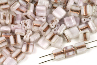 Silky beads Block ploškované 6x6 mm, 30 ks - žíhaná bílo-růžová s půlpokovem zlato Capri