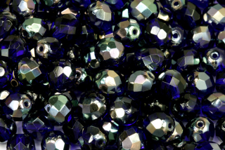 Broušené korálky ohňovky 8 mm, 20 ks/16 cm - transp. kobaltově modrá s pokovem Celsian