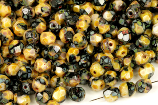 Broušené korálky ohňovky 6 mm, 27 ks/16 cm - žíhaná hnědo-černá s travertinem