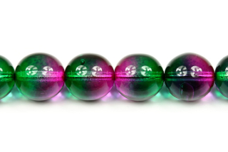 Mačkané korálky kuličky 12 mm, 14 ks/16 cm - dvoubarevný smáčený dekor, růžovo-zelená
