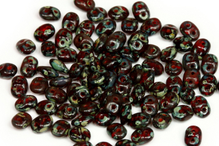 Matubo Superduo™ 2,5x5 mm, bal. 10 g - transparentní rubínově červená s travertinem