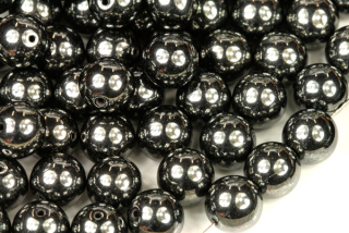 Mačkané korálky kuličky 8 mm, 20 ks/16 cm - sytá černá s listrem, hematitová