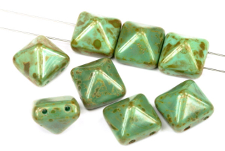 Dvoudírková pyramida, beadstud 12x12 mm, 5 ks -  sytý modrozelený tyrkys s travertinem