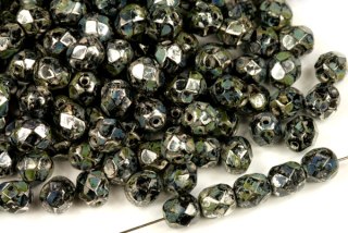 Broušené korálky ohňovky 6 mm, 27 ks/16 cm - stříbrné picasso na černé (Picasso silver)