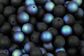 Mačkané korálky kuličky 8 mm, 20 ks/16 cm - sytá černá s duhovým dekorem AB, matná