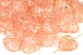 Mačkané korálky srdce 15x16 mm, 5 ks - praskaná transparentní růžová, rozalín