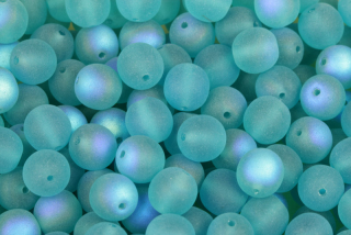 Mačkané korálky kuličky 8 mm, 20 ks/16 cm - transp. zelený akvamarín s AB pokovem, matný
