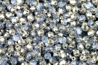 Broušené korálky ohňovky 4 mm, 40 ks/16 cm - transp. modrá safír s půlpokovem Labrador