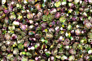 Broušené korálky ohňovky 4 mm, 40 ks/16 cm - fialovo-duhový půlpokov na krystalu