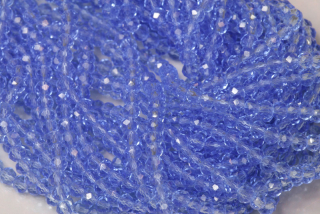 Broušené korálky slavík 3x2 mm, cca 145 ks na šňůře 36 cm - transp. safírově modrá