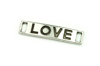 Kovový mezidíl štítek LOVE 28x6 mm, galva starostříbro, 1 ks