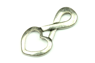 Kovový mezidíl Infinity (Nekonečno) se srdcem 31x15 mm, galva starostříbro, 1 ks