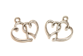 Kovový přívěsek propojená srdíčka 20x19x2 mm, galva platina/starostříbro, 1 ks