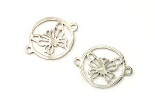 Mezidíl z nerezové oceli AISI 201, motýl v kruhu se 2 očky 20x15 mm, 1 ks