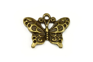 Kovový přívěsek motýl 25x20 mm, galva stará mosaz (starozlato), 1 ks