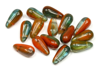Mačkané korálky slzičky, hrušky 6x13 mm, příčná dírka, 20 ks - modro-hnědě žíhané