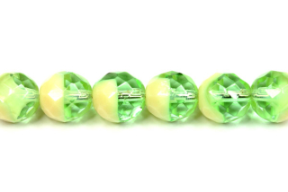 Broušené korálky ohňovky 10 mm, 16 ks/16 cm - sytá béžová/transparentní zelená