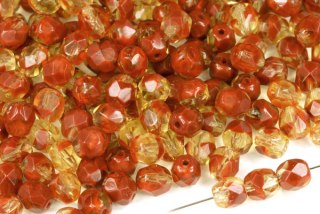 Broušené korálky ohňovky 6 mm, 27 ks/16 cm - cihlovo-žlutá žíhaná