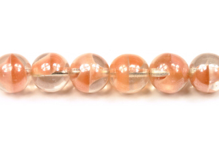 Mačkané korálky kuličky 10 mm, 16 ks/16 cm - růžové jádro v čirém měsíčním skle s listrem