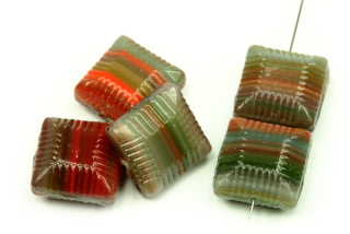 Mačkané korálky rýhovaný polštářek 14x14x7 mm, 5 ks - barevná žíhaná
