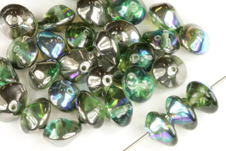Ufo beads 7x11 mm, 10 ks - půlpokov Graphite rainbow na transp. zelené peridot