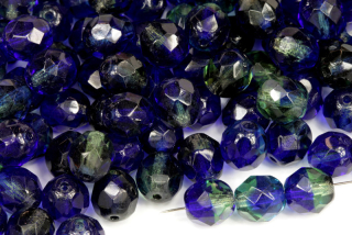 Broušená kulička ohňovka 8 mm, 20 ks/16 cm - žíhaná sytá kobaltově modrá s transp. zelenou