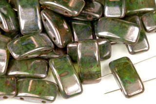 Mačkaný obdélník dvoudírkový, Carrier beads 9x17 mm, 10 ks - transp. zelená s lazurou