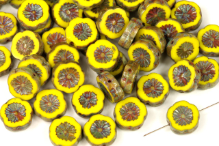 Ploškované korálky květinka 12 mm, 5 ks - sytá žlutá limon s travertinem