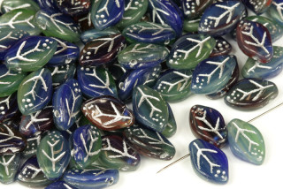 Mačkané korálky lísteček 12x7 mm, 20 ks - žíhaná zeleno-modrá, stříbrný zatíraný dekor