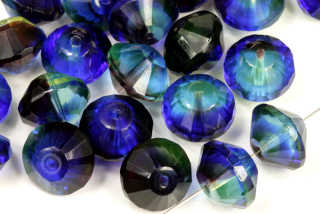 Broušené korálky rivoli 9x14 mm, 4 ks - transparentní žluto-modro-fialová