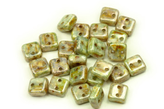 Dvoudírkový Chexx 6x6 mm, 30 ks - hnědo-zelený listr na alabastru