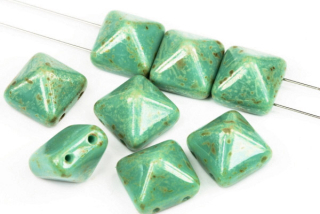 Dvoudírková pyramida, beadstud 12x12 mm, 5 ks - sytý modrozelený tyrkys s picassem