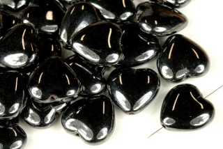 Mačkané korálky srdce 15x16 mm, 5 ks - sytá černá s bílým listrem, hematitová