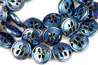 Korálky ze syntetického hematitu, strom života 12x4 mm, 1 ks - metalická ocelově modrá
