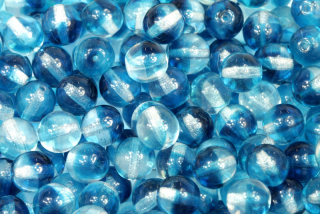 Mačkané korálky kuličky 8 mm, 20 ks/16 cm - akvamarínově modrá/krystal, žíhaná