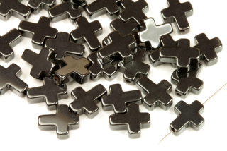 Korálky ze syntetického hematitu, křížek 10x8 mm, 1 ks - hematitová