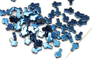 Korálky ze syntetického hematitu, křížek 6x4 mm, 1 ks - metalická modrá
