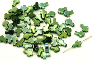 Korálky ze syntetického hematitu, křížek 6x4 mm, 1 ks - metalická zelená
