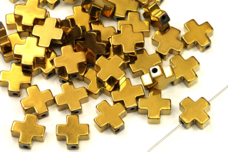 Korálky ze syntetického hematitu, řecký křížek 8x8 mm, 1 ks - zlatá