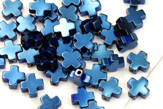 Korálky ze syntetického hematitu, řecký křížek 8x8 mm, 1 ks - metalická modrá