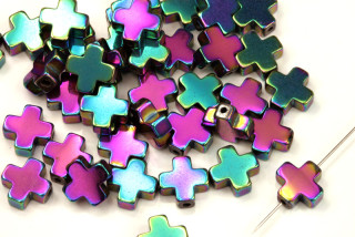 Korálky ze syntetického hematitu, řecký křížek 8x8 mm, 1 ks - metalická duhová