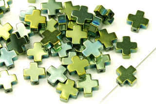 Korálky ze syntetického hematitu, řecký křížek 8x8 mm, 1 ks - metalická zelená