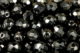 Broušené korálky ohňovky 10 mm, 16 ks/16 cm - sytá černá s bílým listrem, hematitová