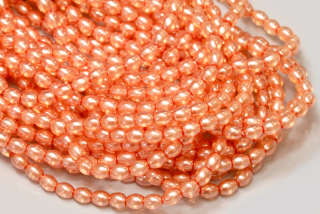 Voskované korálky olivy 4x3 mm, 1 šňůra/120 ks - lososová oranžová, semitransparent