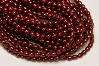 Voskované korálky olivy 4x3 mm, 1 šňůra/120 ks - vínově červená, semitransparent